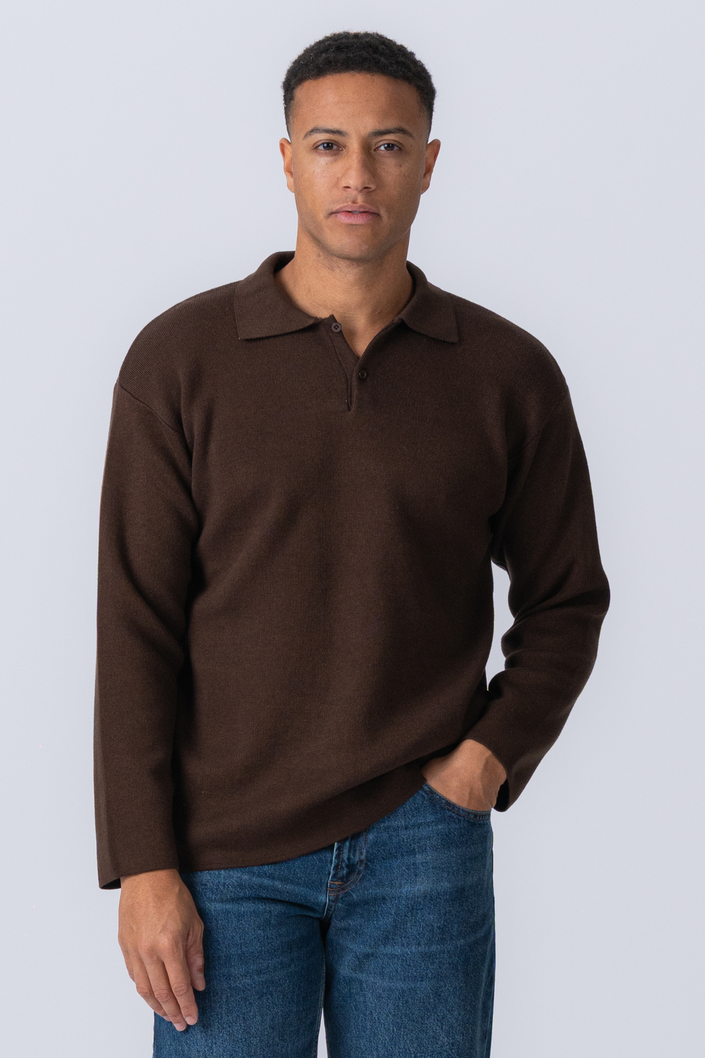 Knitted Long Sleeve Polo - Light Brown