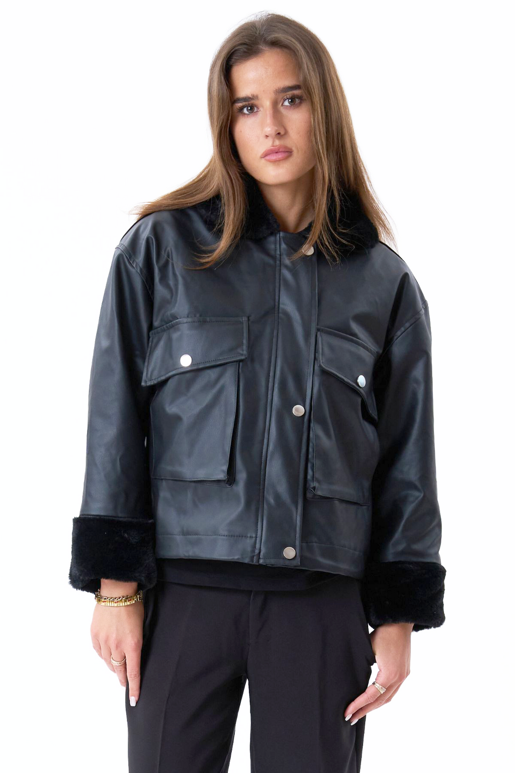 Faux Leather Shearling Jacket - Black