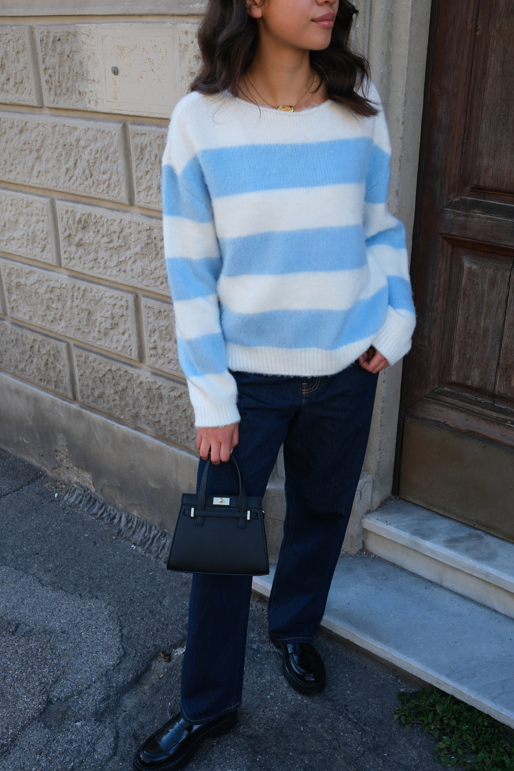 Celina Striped Knitted Sweater - White-Sky Blue