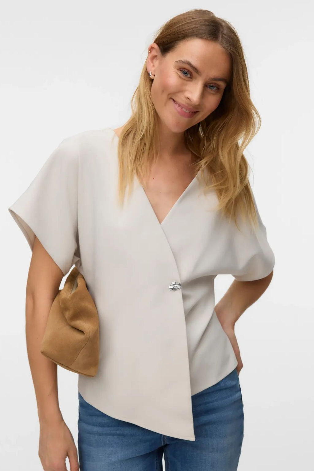 Sonja V-Neck Top - Pumice Stone/Silver Button