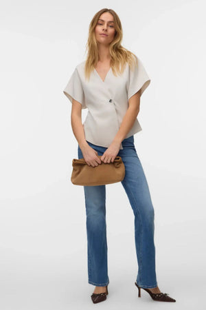 Sonja V-Neck Top - Pumice Stone/Silver Button
