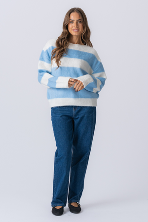 Celina Striped Knitted Sweater - White-Sky Blue