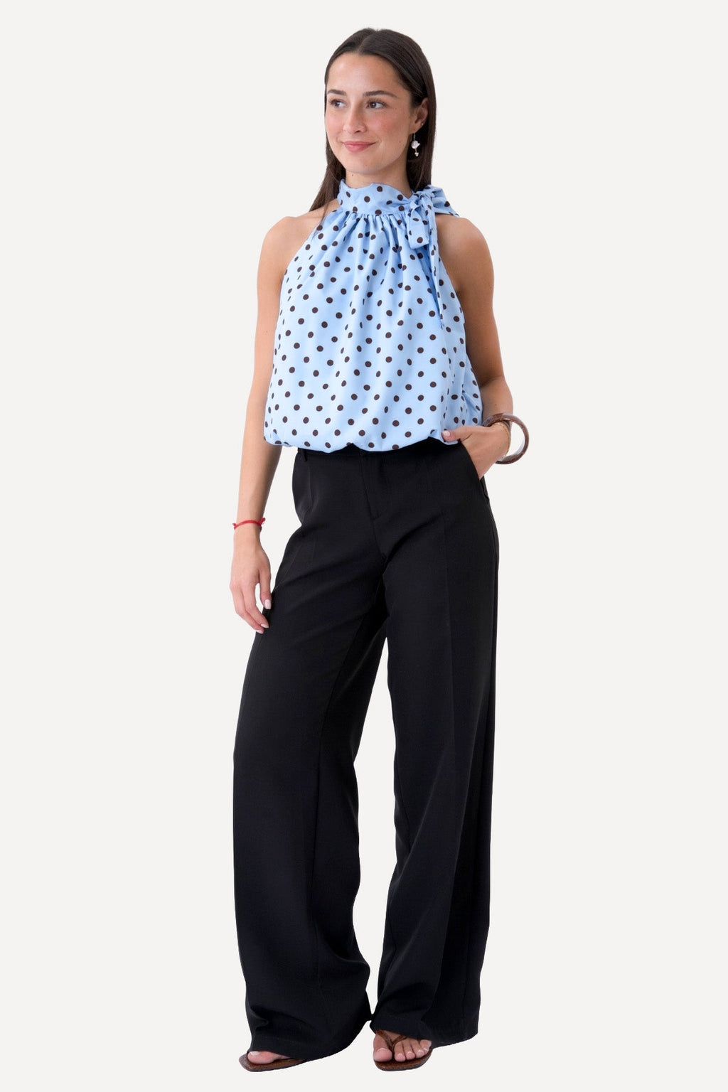 Wilma Top - Light Blue/Brown Dots